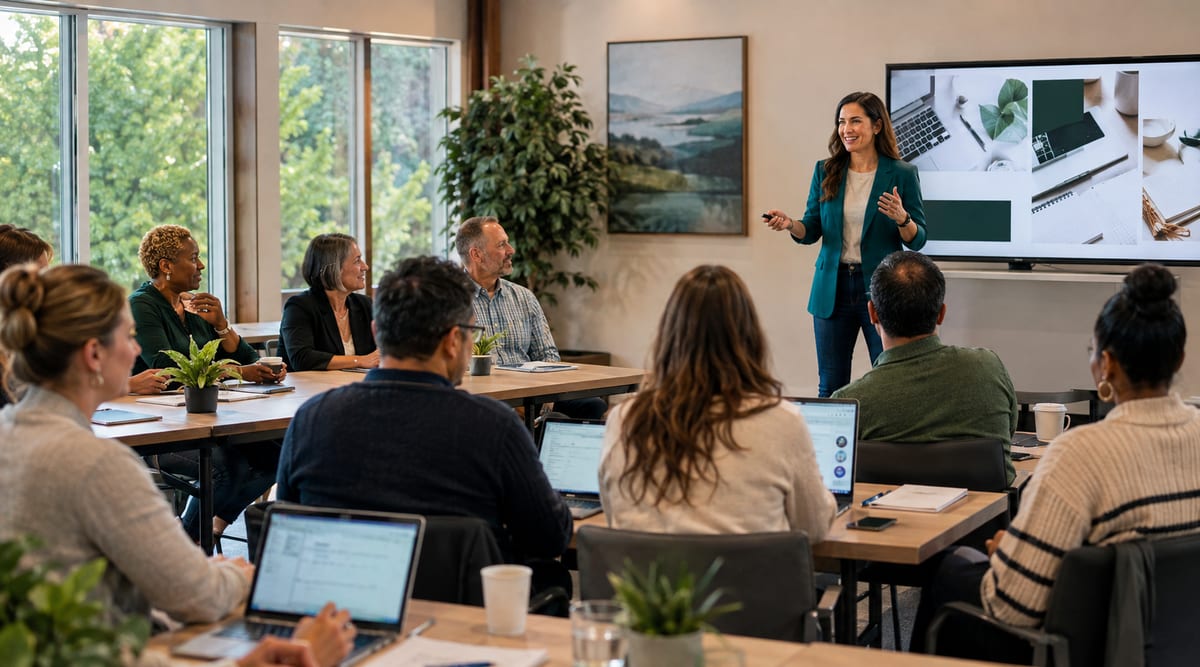 Connecticut business owners taking part in a hands-on AI workshop with a facilitator