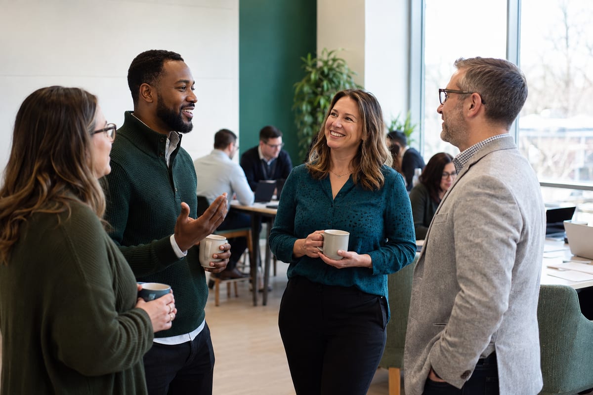 Business owners networking over coffee after a hands-on AI workshop