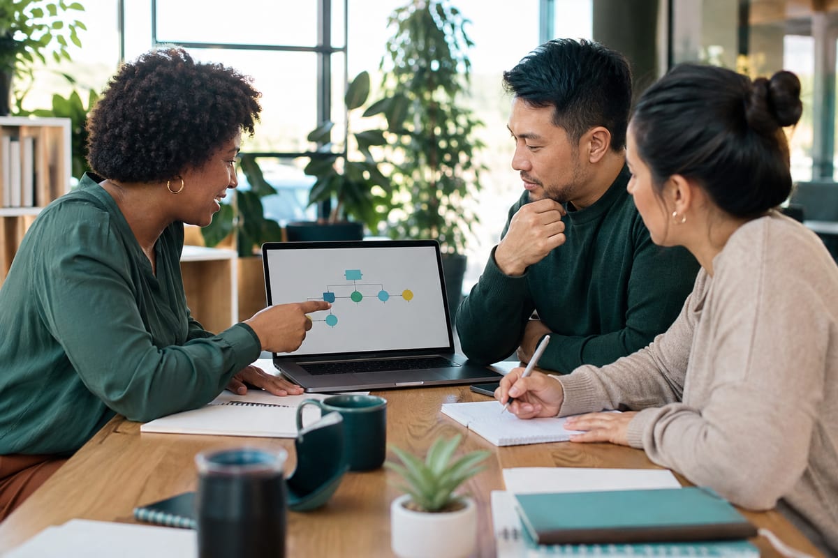 Small-business owners collaborating around a laptop during a practical AI workshop
